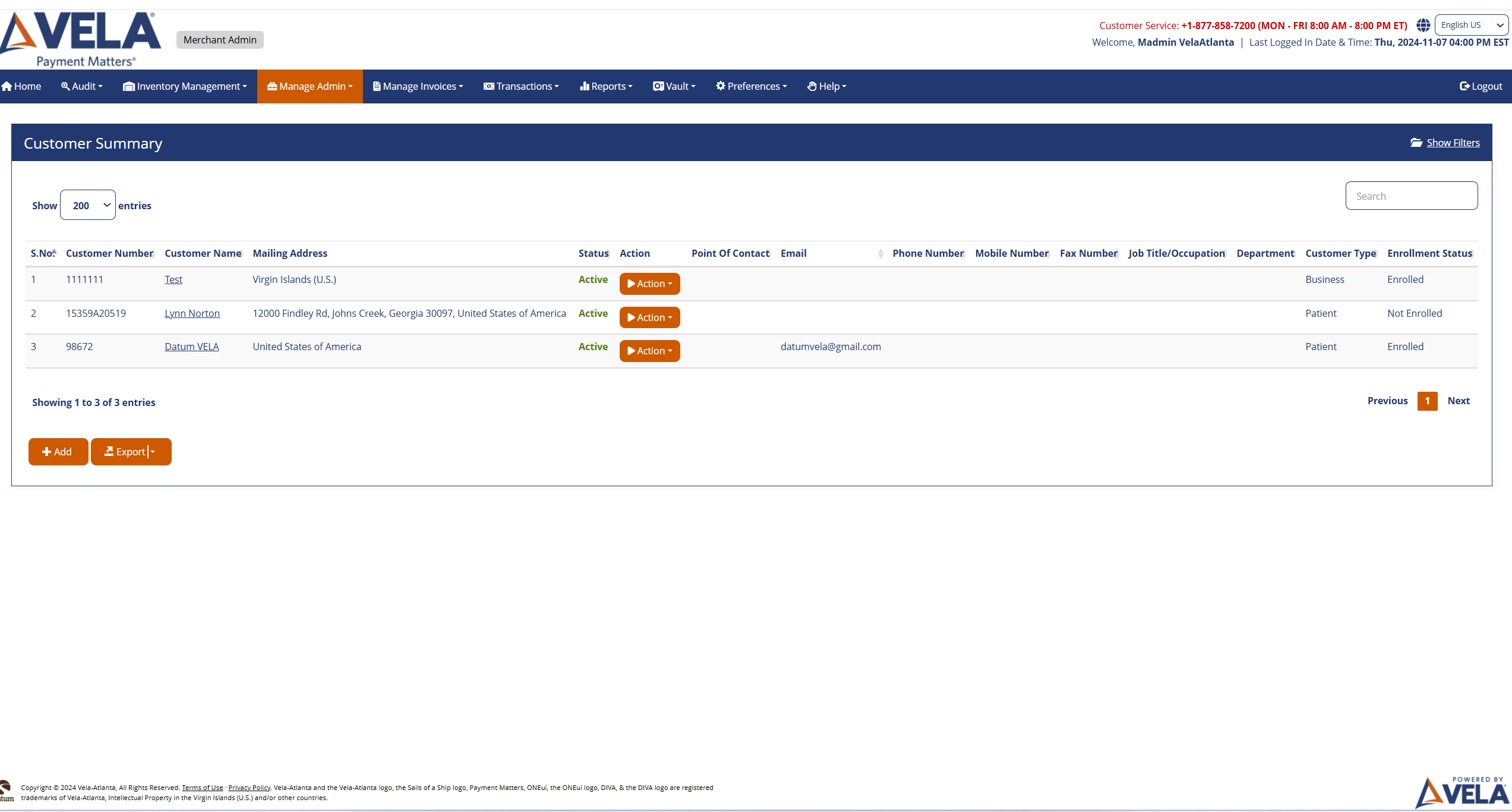 Customer Summary - VELA Admin Guide